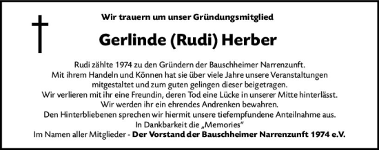 Traueranzeige von Gerlinde Herber von vrm-trauer Rüsselsheimer Echo / MainSpitze