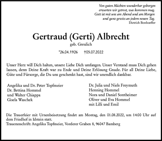 Traueranzeige von Gertraud Albrecht von vrm-trauer Idsteiner Zeitung
