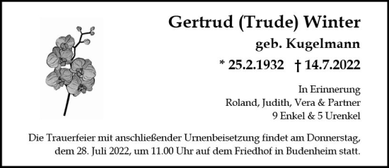 Traueranzeige von Gertrud Winter von vrm-trauer AZ Mainz
