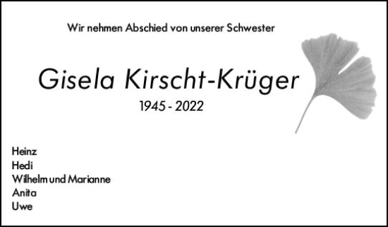 Traueranzeige von Gisela Kirscht-Krüger von vrm-trauer Wiesbadener Kurier