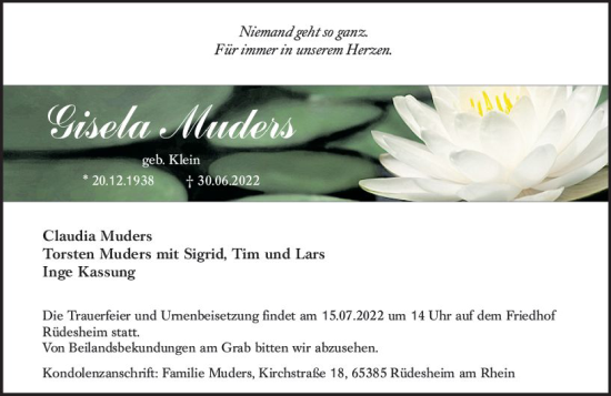 Traueranzeige von Gisela Muders von vrm-trauer Wiesbadener Kurier