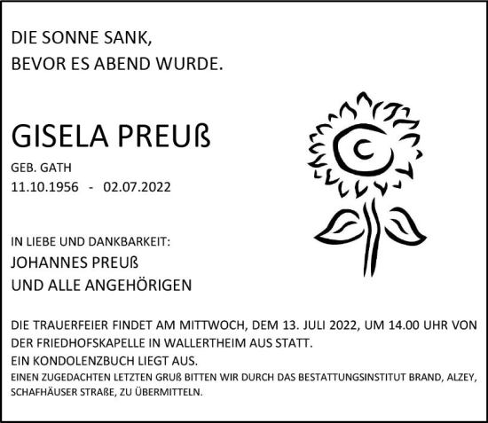 Traueranzeige von Gisela Preuß von vrm-trauer Wiesbadener Kurier