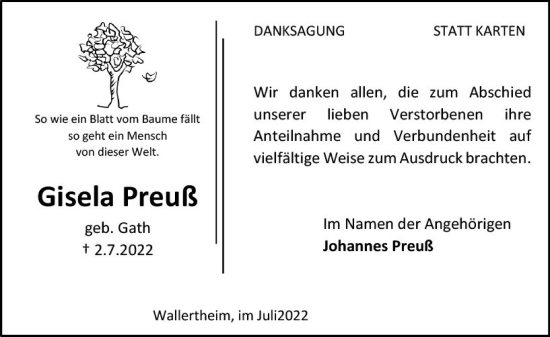 Traueranzeige von Gisela Preuß von vrm-trauer Wiesbadener Kurier
