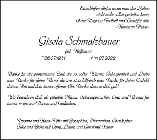 Traueranzeige von Gisela Schmalzbauer von vrm-trauer Wiesbadener Kurier