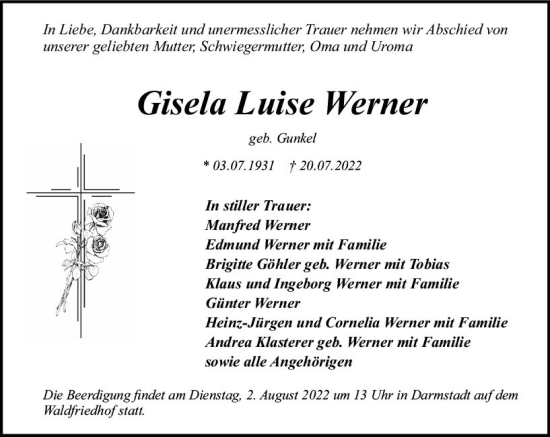Traueranzeige von Gisela Luise Werner von vrm-trauer Darmstädter Echo