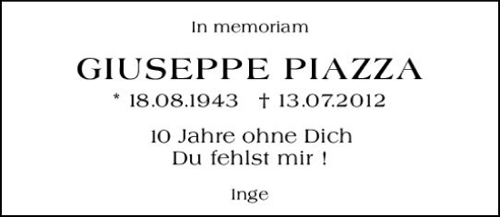 Traueranzeige von Giuseppe Piazza von vrm-trauer Wiesbadener Kurier