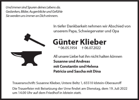 Traueranzeige von Günter Klieber von vrm-trauer Idsteiner Zeitung