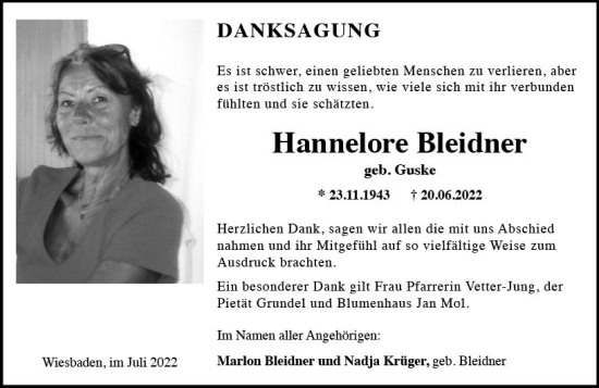 Traueranzeige von Hannelore Bleidner von vrm-trauer Wiesbadener Kurier