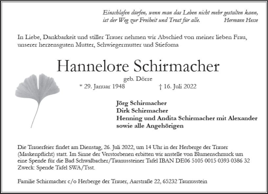 Traueranzeige von Hannelore Schirmacher von vrm-trauer WK-UTA