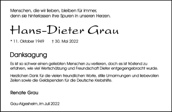 Traueranzeige von Hans-Dieter Grau von vrm-trauer Allgemeine  Zeitung Ingelheim-Bingen