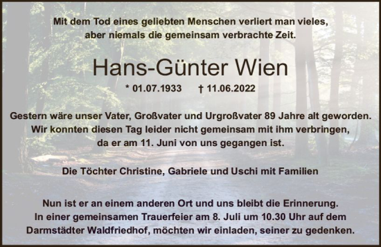 Traueranzeige von Hans-Günter Wien von vrm-trauer Bergsträßer Anzeiger