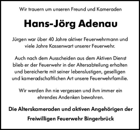 Traueranzeige von Hans-Jörg Adenau von vrm-trauer Allgemeine  Zeitung Ingelheim-Bingen