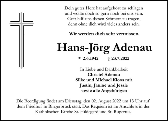Traueranzeige von Hans-Jörg Adenau von vrm-trauer Allgemeine  Zeitung Ingelheim-Bingen