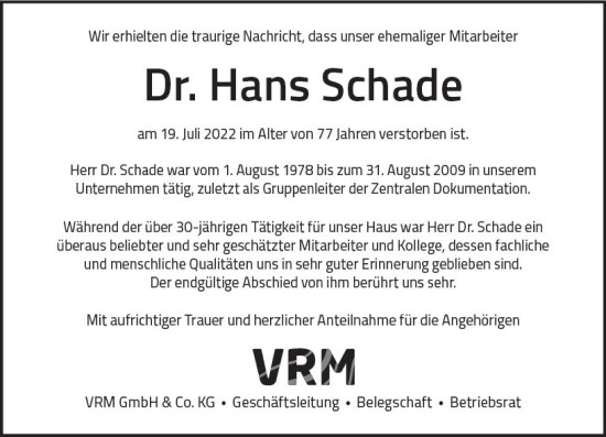 Traueranzeige von Hans Schade von vrm-trauer Wiesbadener Kurier