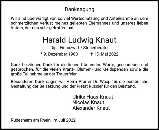Traueranzeige von Harald Ludwig Knaut von vrm-trauer Wiesbadener Kurier