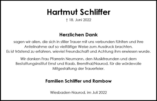 Traueranzeige von Hartmut Schliffer von vrm-trauer Wiesbadener Kurier
