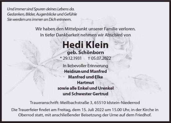 Traueranzeige von Hedi Klein von vrm-trauer Idsteiner Zeitung