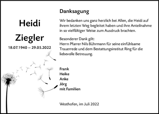 Traueranzeige von Heidi Ziegler von vrm-trauer Wormser Zeitung