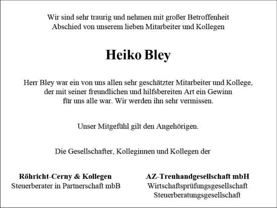 Traueranzeige von Heiko Bley von vrm-trauer Allgemeine Zeitung Alzey