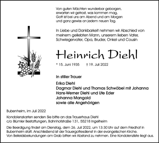 Traueranzeige von Heinrich Diehl von vrm-trauer Allgemeine  Zeitung Ingelheim-Bingen