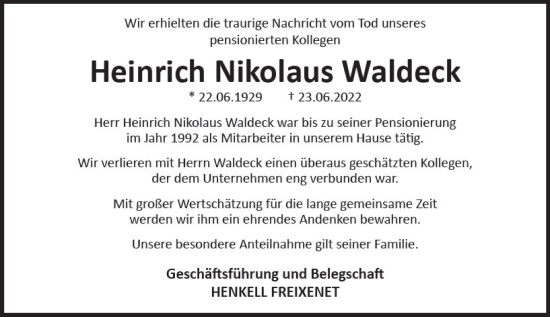 Traueranzeige von Heinrich Nikolaus Waldeck von vrm-trauer Wiesbadener Kurier