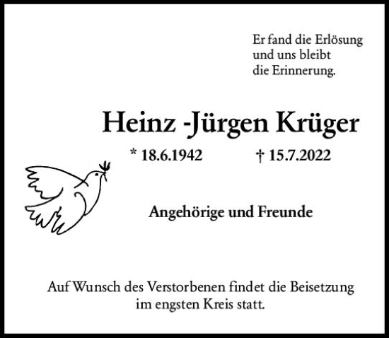 Traueranzeige von Heinz-Jürgen Krüger von vrm-trauer Wiesbadener Kurier