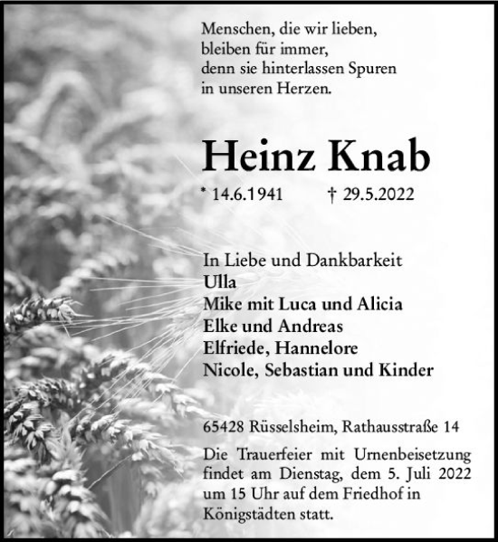 Traueranzeige von Heinz Knab von vrm-trauer Rüsselsheimer Echo / MainSpitze
