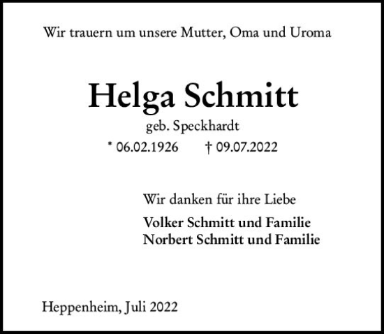 Traueranzeige von Helga Schmitt von vrm-trauer Bürstädter/Lamperth. Ztg/Starkenburger