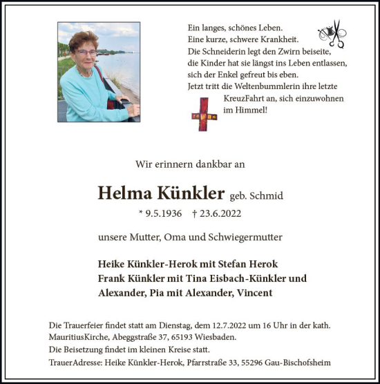 Traueranzeige von Helma Künkler von vrm-trauer Wiesbadener Kurier