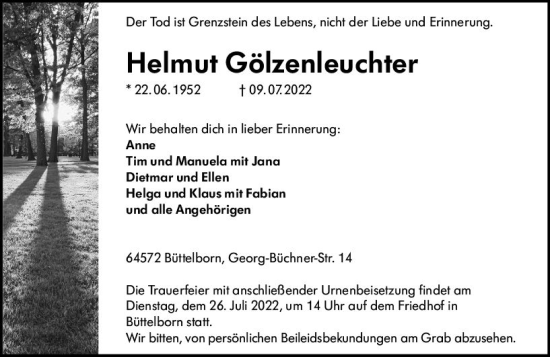 Traueranzeige von Helmut Gölzenleuchter von vrm-trauer Groß-Gerauer Echo