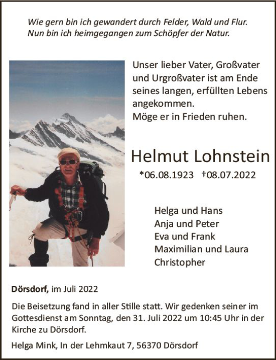 Traueranzeige von Helmut Lohnstein von vrm-trauer Wiesbadener Kurier
