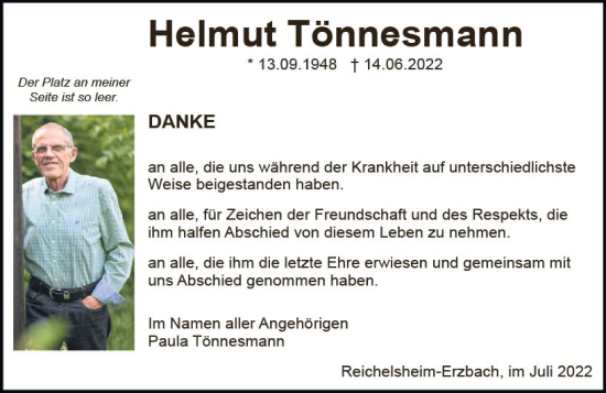 Traueranzeige von Helmut Tönnesmann von vrm-trauer Odenwälder Echo