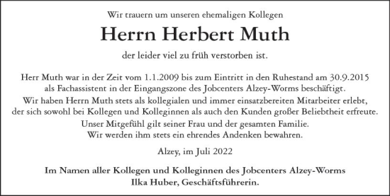 Traueranzeige von Herbert Muth von vrm-trauer Wormser Zeitung