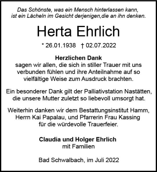 Traueranzeige von Herta Ehrlich von vrm-trauer Wiesbadener Kurier