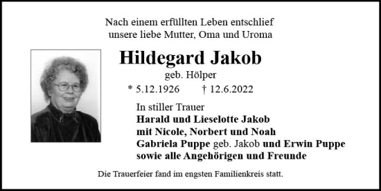 Traueranzeige von Hildegard Jakob von vrm-trauer Wiesbadener Kurier