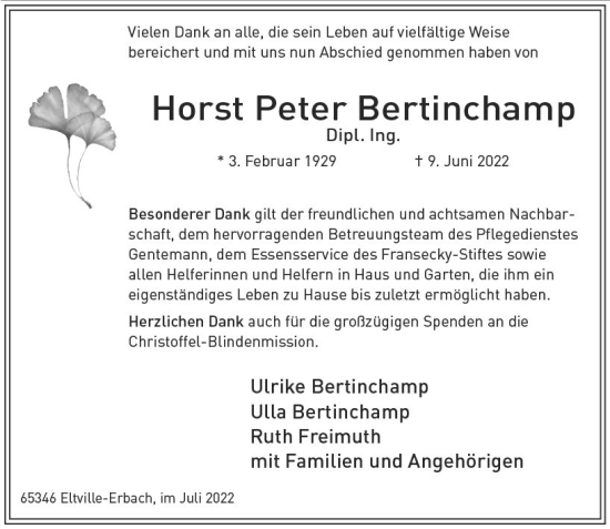 Traueranzeige von Horst Bertinchamp von vrm-trauer Wiesbadener Kurier