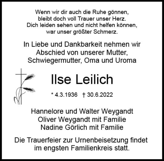Traueranzeige von Ilse Leilich von vrm-trauer DieburgerAnzeiger/Groß-Zimmerner Lokala