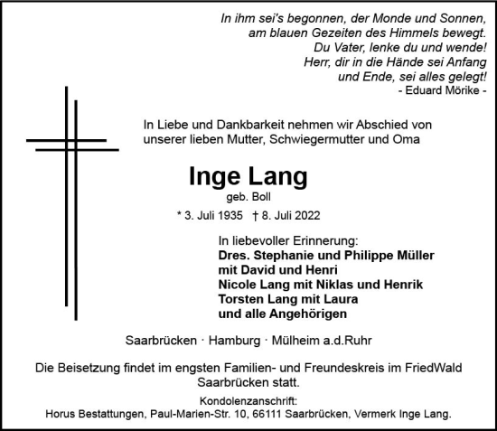 Traueranzeige von Inge Lang von vrm-trauer AZ Mainz