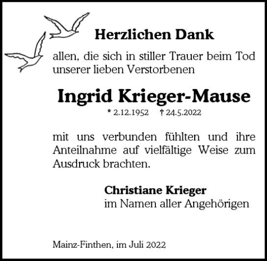 Traueranzeige von Ingrid Krieger-Mause von vrm-trauer AZ Mainz