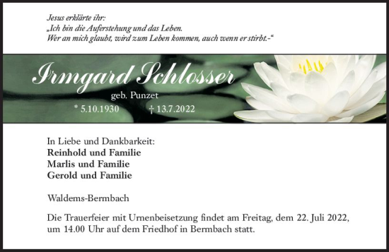 Traueranzeige von Irmgard Schlosser von vrm-trauer Idsteiner Zeitung