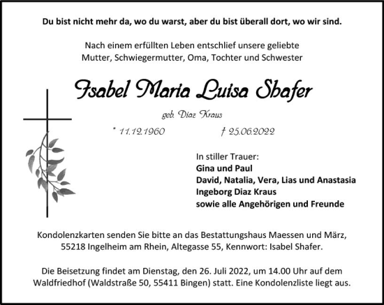 Traueranzeige von Isabel Maria Luisa Shafer von vrm-trauer Allgemeine  Zeitung Ingelheim-Bingen