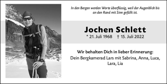 Traueranzeige von Jochen Schlett von vrm-trauer Allg. Zeitung Bad Kreuznach