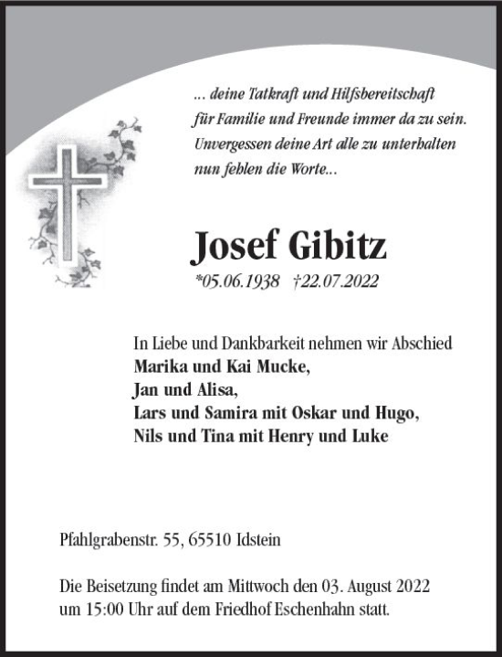 Traueranzeige von Josef Gibitz von vrm-trauer Idsteiner Zeitung