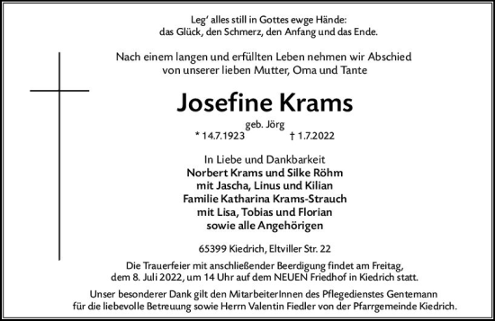Traueranzeige von Josefine Krams von vrm-trauer Rheingau