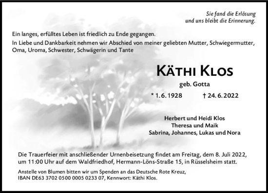 Traueranzeige von Käthi Klos von vrm-trauer Rüsselsheimer Echo / MainSpitze