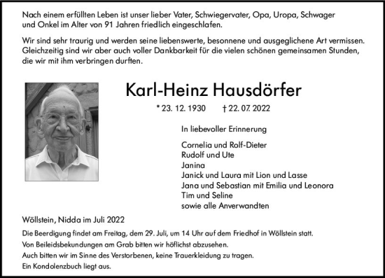 Traueranzeige von Karl-Heinz Hausdörfer von vrm-trauer Allgemeine Zeitung Alzey