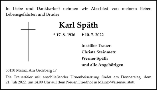 Traueranzeige von Karl Späth von vrm-trauer AZ Mainz