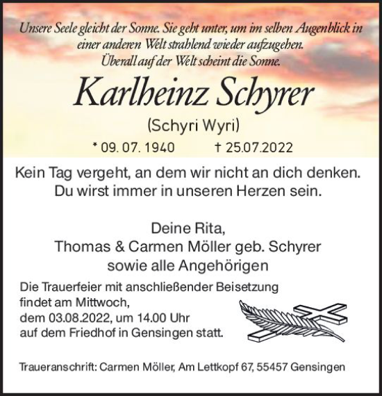 Traueranzeige von Karlheinz Schyrer von vrm-trauer AZ Mainz
