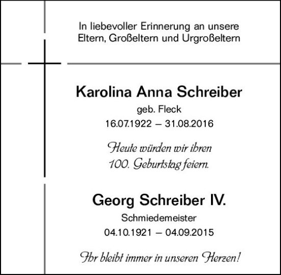 Traueranzeige von Karolina Anna Schreiber von vrm-trauer Wormser Zeitung