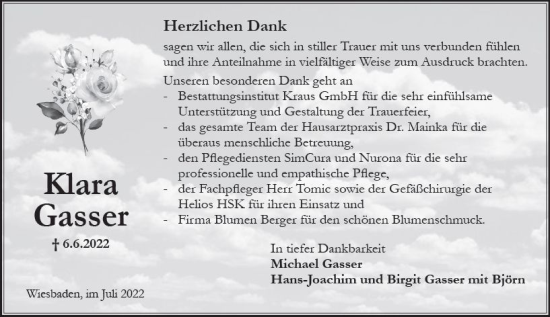 Traueranzeige von Klara Gasser von vrm-trauer Wiesbadener Kurier